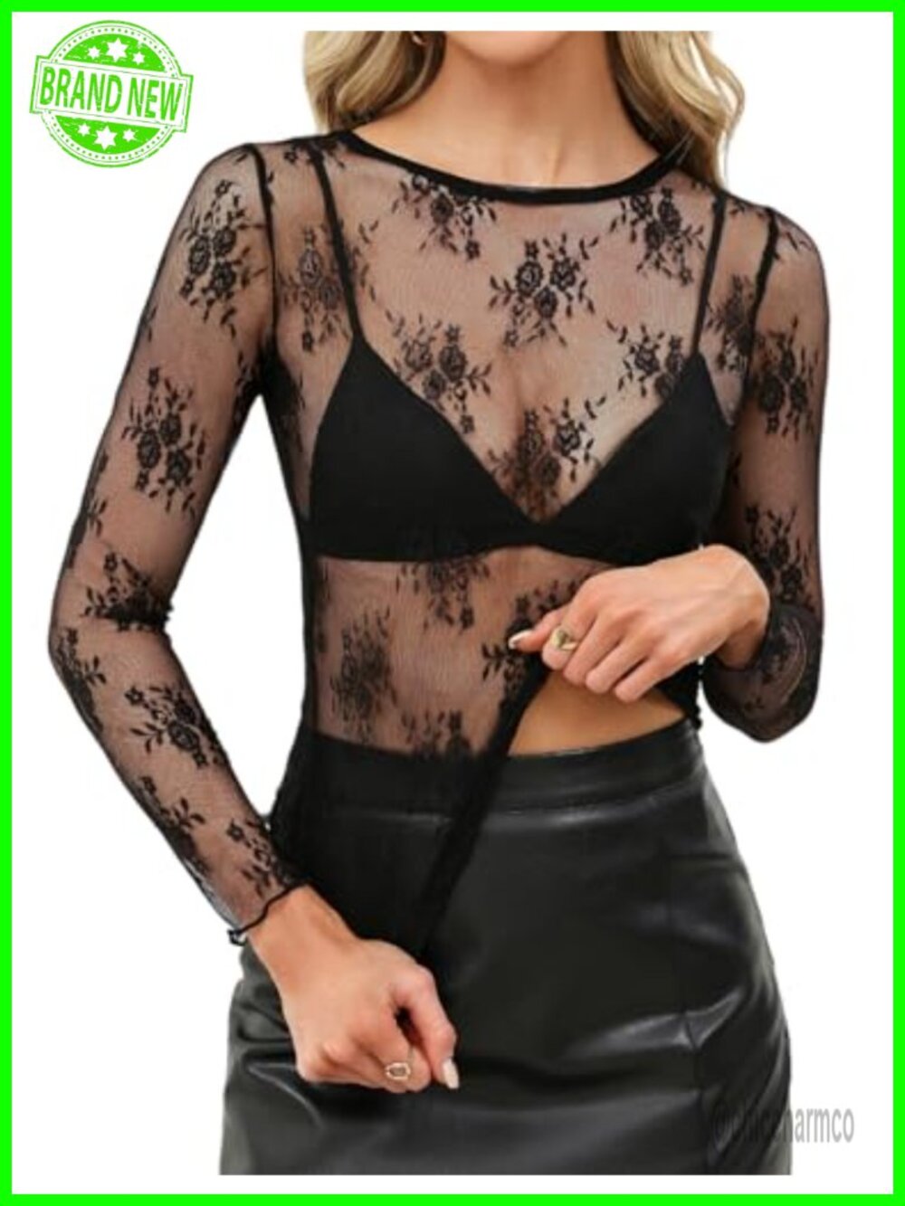 Womens Lace Mesh Long Sleeve Sheer Crew Neck Top for Party Club Night